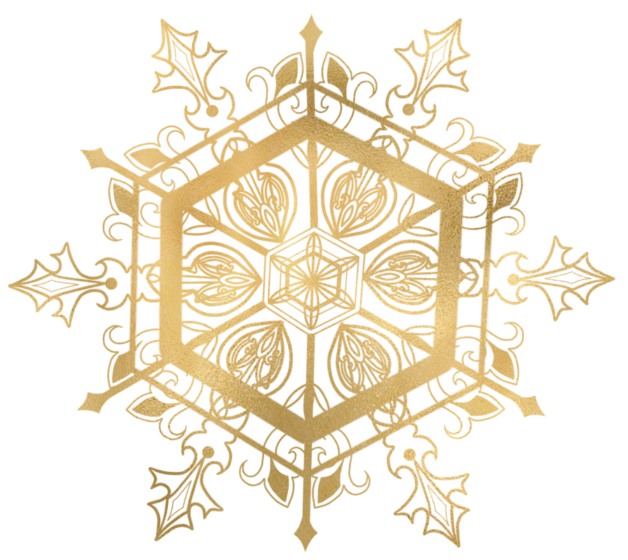 gold snowflake ornament featuring ornate hexagonal mandala pattern with holly leaves, Grey Barn Handwerk, Saskatchewan.